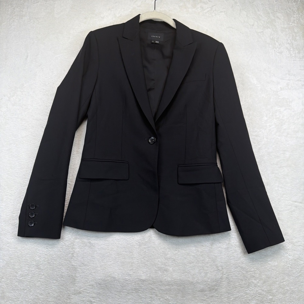 Theory Women's Black Wool Blend Tailored One Button Blazer Jacket Size 2